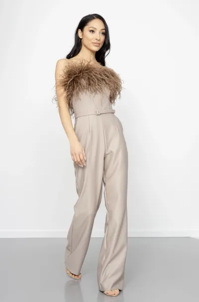 Product photo of a taupe strapless jumpsuit with feather trim used as try-on input