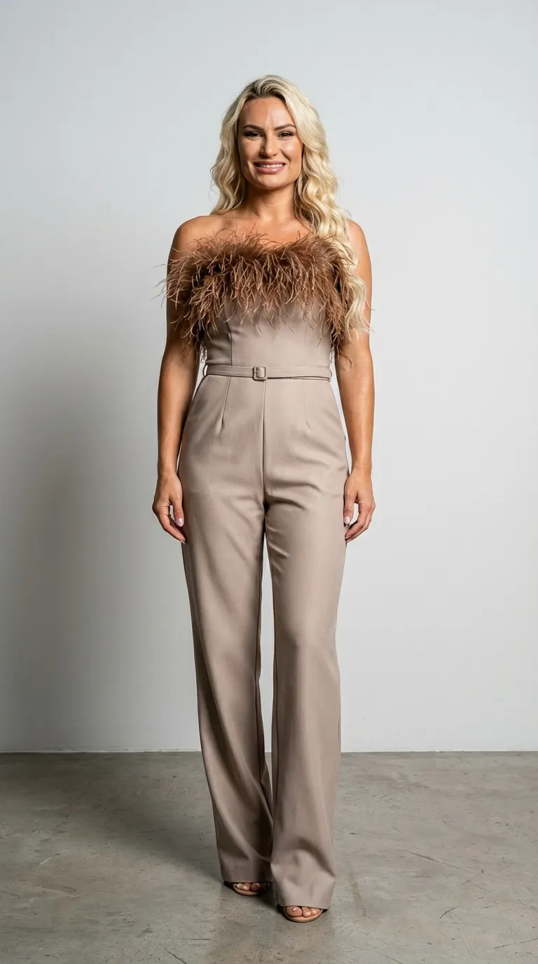 AI virtual try-on result: shopper wearing a taupe feather-trim jumpsuit, generated by VTO Fit Meter